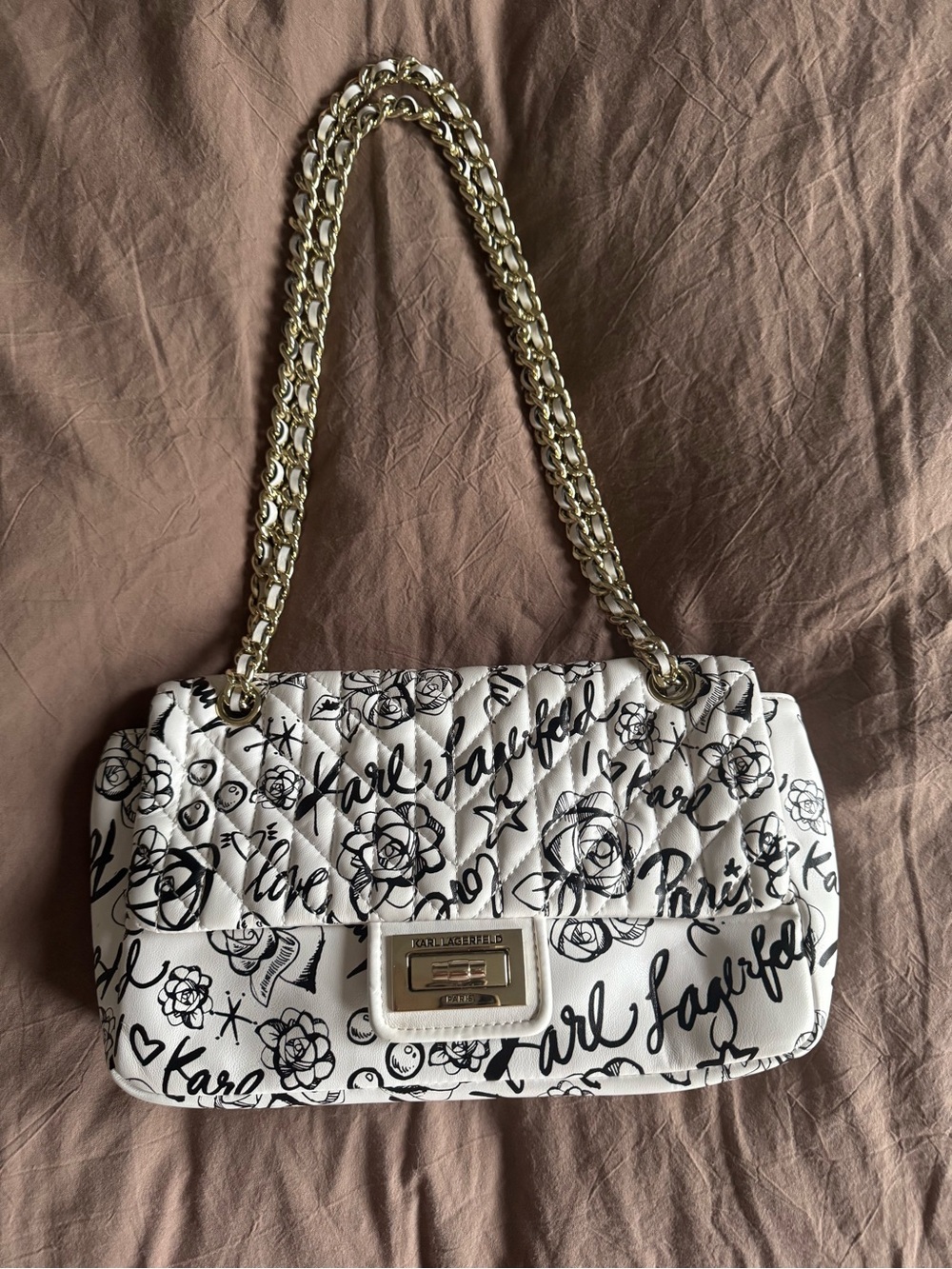 Karl Lagerfeld White Quilted Graffiti-Print Shoulder Bag with Gold Chain